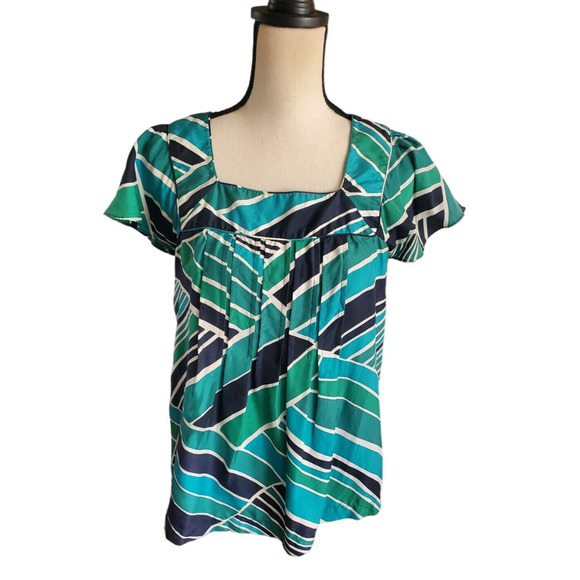 Banana Republic Blue & Green Abstract Print Flutter Sleeve Pleated Top S - Picture 1 of 5